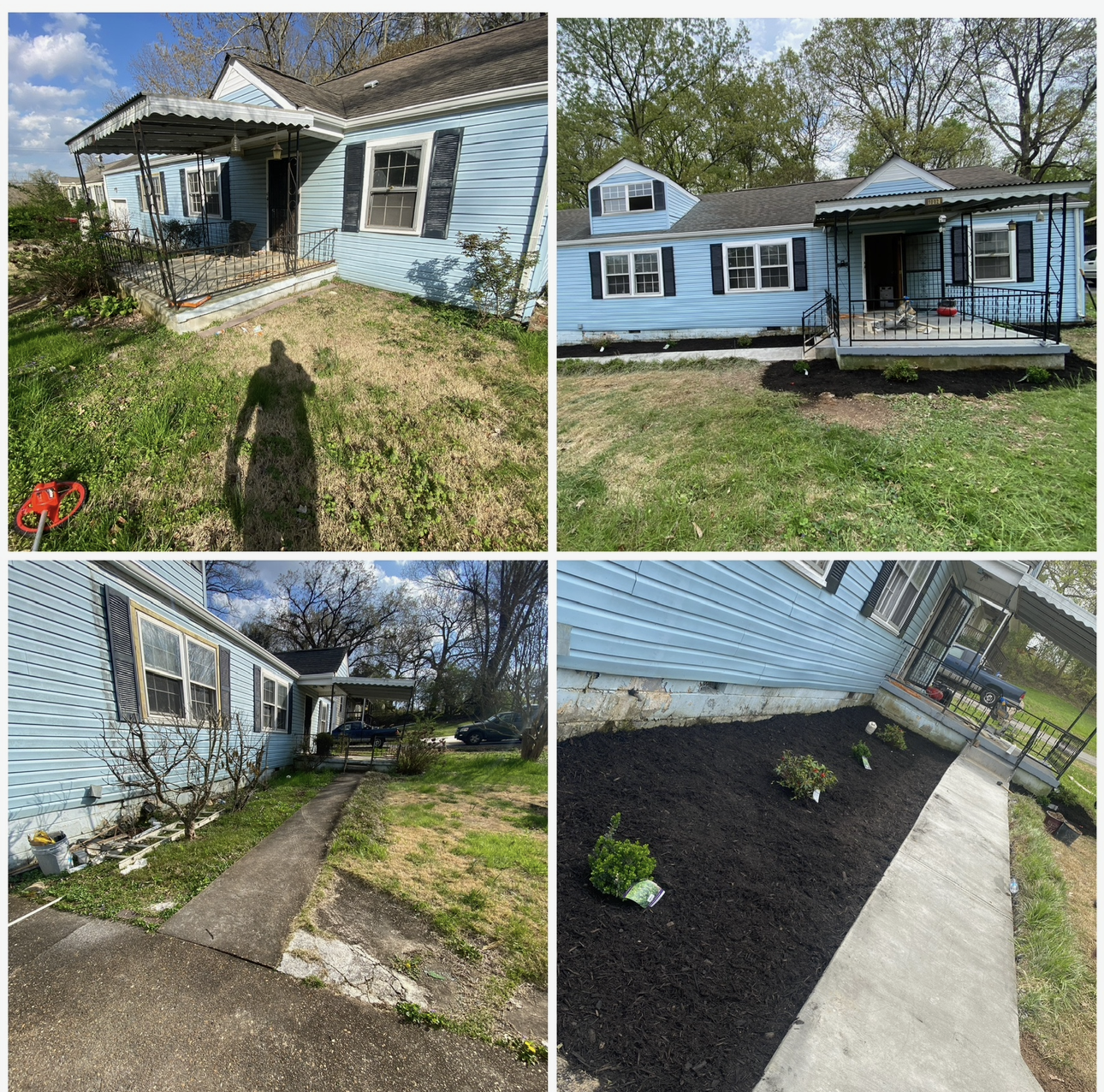 Four images show a blue house with yard work being done; black mulch and plants added.