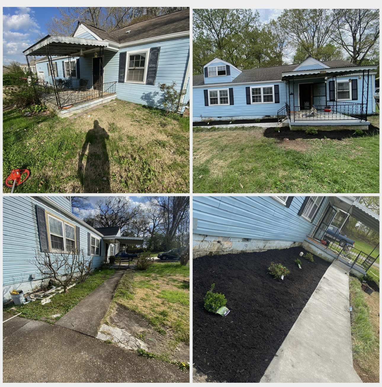 A collage of four pictures of a blue house