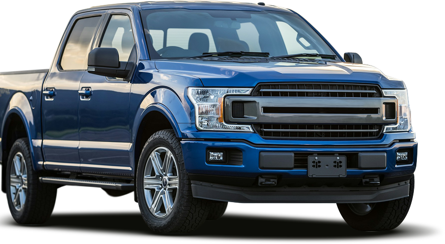 Blue Ford pickup truck with chrome wheels.