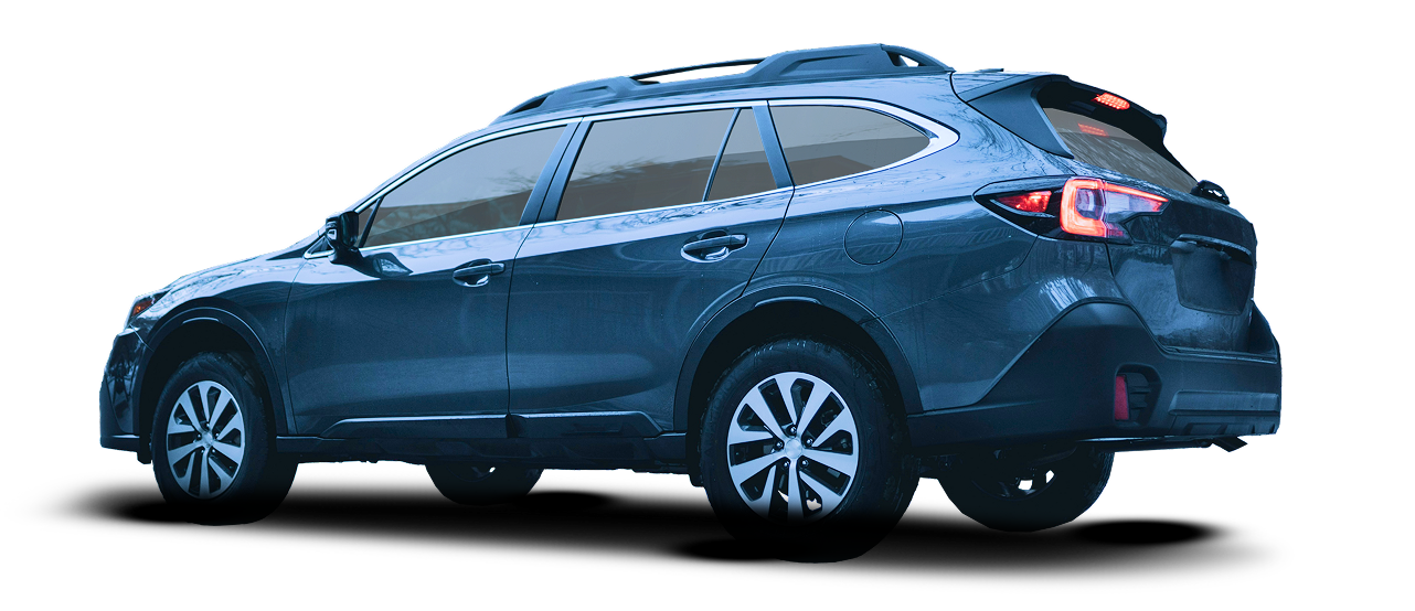 Dark blue Subaru Outback SUV on a white background with a shadow.
