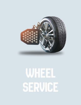 Wheel with alignment equipment, white text "WHEEL SERVICE" on light blue background.