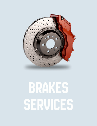 Brake rotor and caliper in orange, with "BRAKES SERVICES" text on a light blue background.
