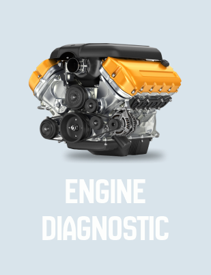Yellow and silver car engine with text: Engine Diagnostic.