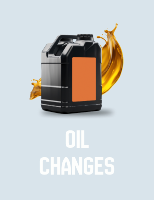 Black oil container with orange label and oil splash, text "OIL CHANGES".