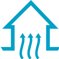 A blue icon of a house with three arrows pointing up.