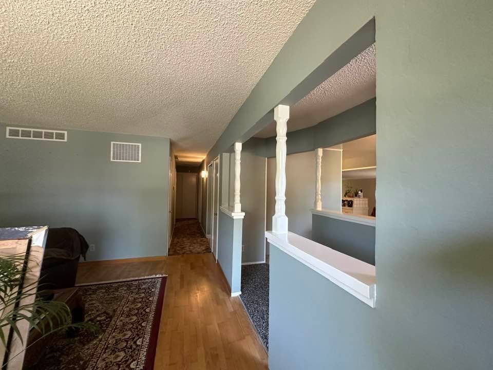 A living room with a couch and a rug