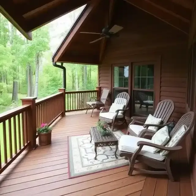 A wooden deck with rocking chairs and a table