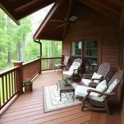 A wooden deck with rocking chairs and a table
