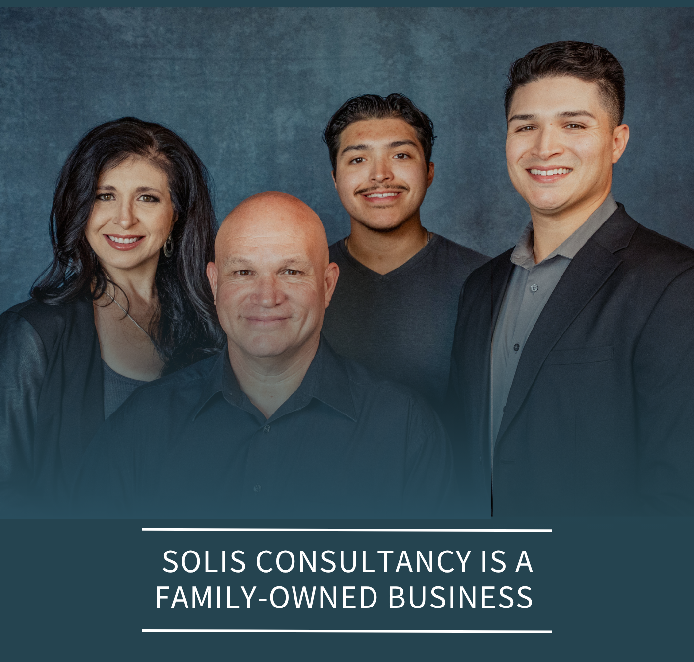 A group of people posing for a picture with the caption solis consultancy is a family owned business
