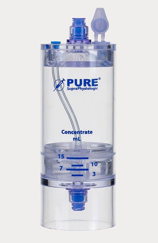 A clear container with the word pure on it