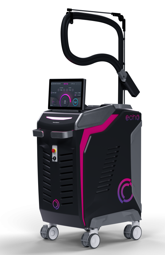 A black and pink machine with wheels and a monitor on a white background.