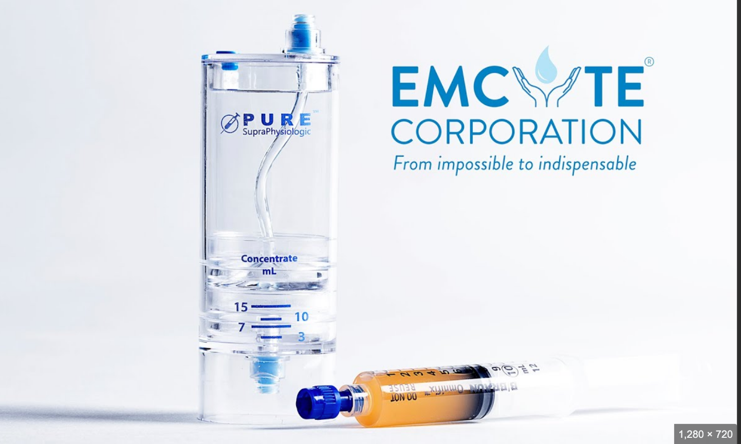 An advertisement for emcyte corporation with a syringe in front of it