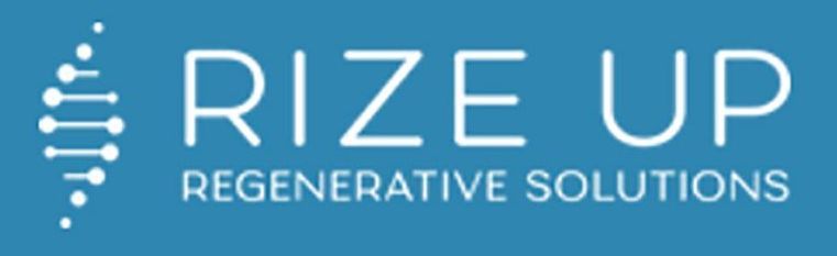 A blue and white logo for rize up regenerative solutions