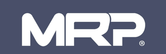 A white mrp logo on a blue background
