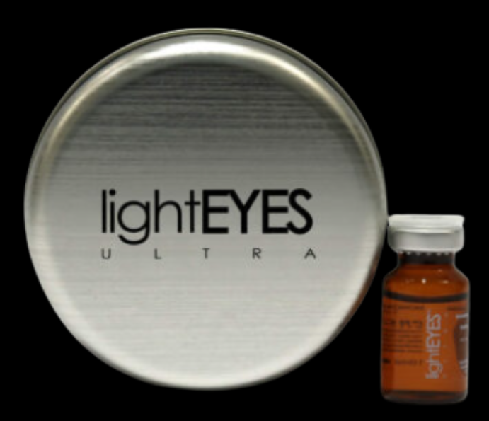 A tin of lighteyes ultra next to a small bottle