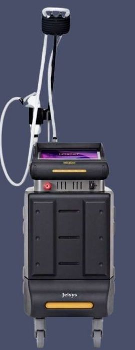 A machine is sitting on a cart on a blue background.
