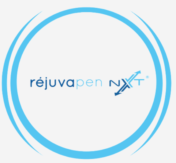 A blue circle with the words rejuvapen nxt on it