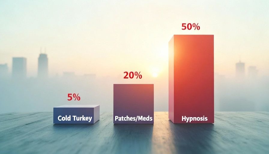 A bar graph illustrating success rates Cold Turkey 5 Patches 20 Hypnosis 60 with the Dayton skyline 
