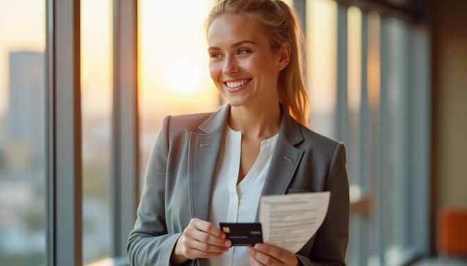 A young woman in her Dayton office, smiling while holding an HSA debit card and a hypnosis receipt