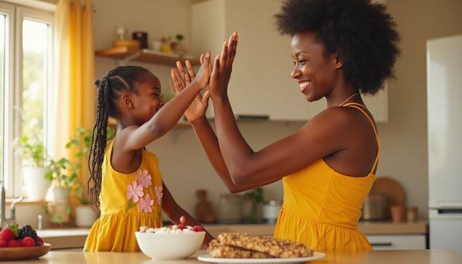 African-American mother with short black hair high-fiving her child with braided hair