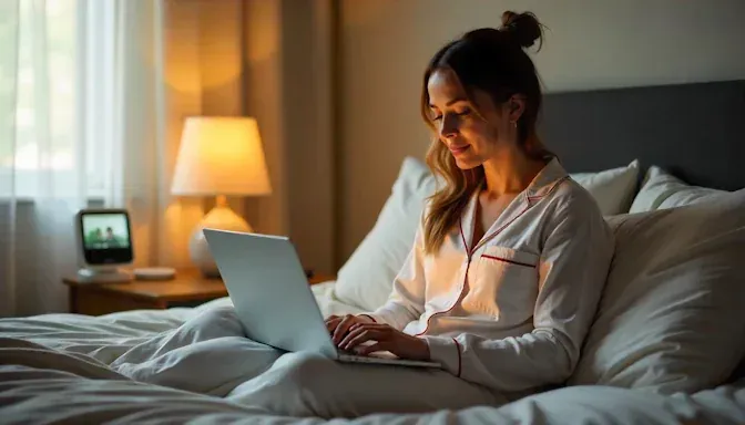 Busy Dayton mom sitting on her bed in pajamas, laptop on lap, mid virtual hypnosis session