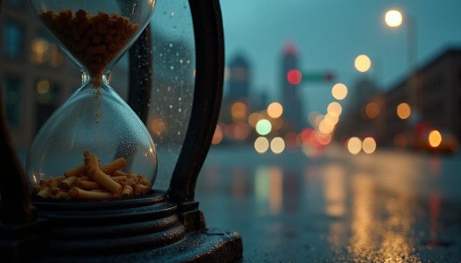 Clock with cigarette butts falling through the hourglass in front of the Dayton skyline