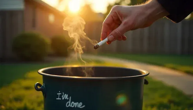 Close-up of a hand tossing a half-smoked cigarette into a trash can labeled ‘I’m done’ in Dayton
