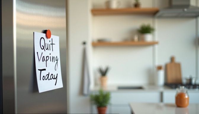 Close-up of a calendar marked -Quit Vaping Day- hanging on the refrigerator in a Dayton kitchen