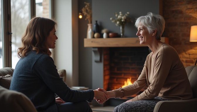 Dayton client and her hypnotherapist with short silver hair in her warm office with a crackling fire