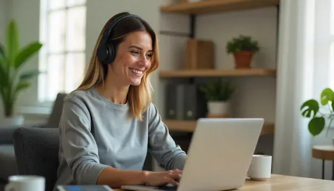 Dayton woman in a virtual remote hypnotherapy session sitting at her kitchen table with a coffee