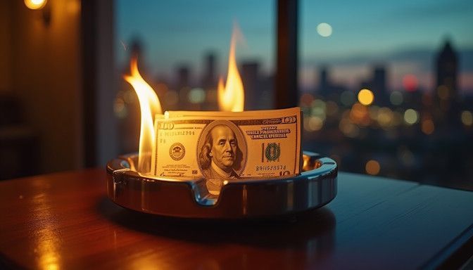 Scorched $100 bills smoldering in an ashtray, placed on a weathered wooden windowsill, the Dayton sk