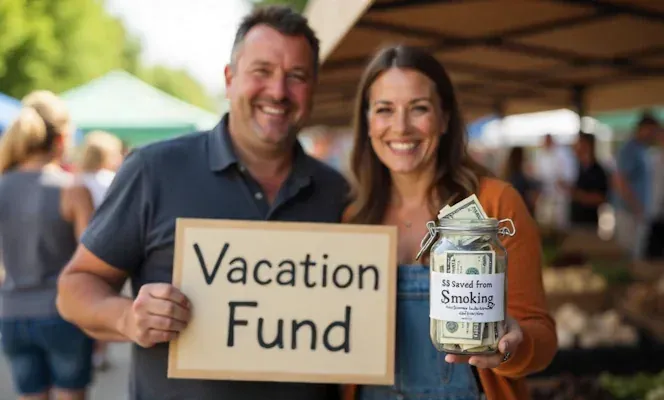 Couple at a Dayton farmer’s market with a ‘Vacation Fund’ jar with money saved from quitting smoking