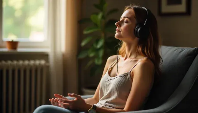 young woman sitting in Dayton, eyes closed, mid-hypnosis session with her headphones on