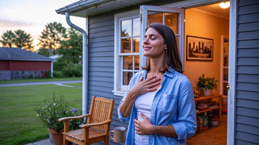 a woman standing in Bellbrook, Ohio no cigarette, just peaceful breathing since she just quit smoking thanks to hypnotherapy