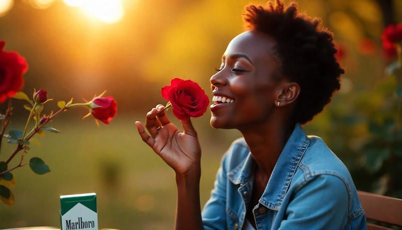 black woman in Dayton OH smiling while smelling red roses with cigarettes laying on a table behind her