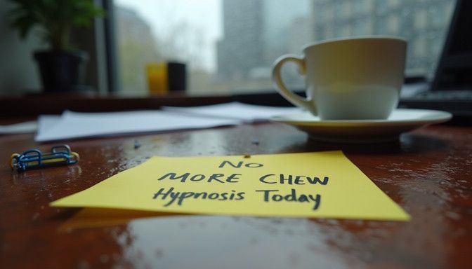 yellow sticky note reading No More Chew – Hypnosis Today prominently displayed on a dayton desk