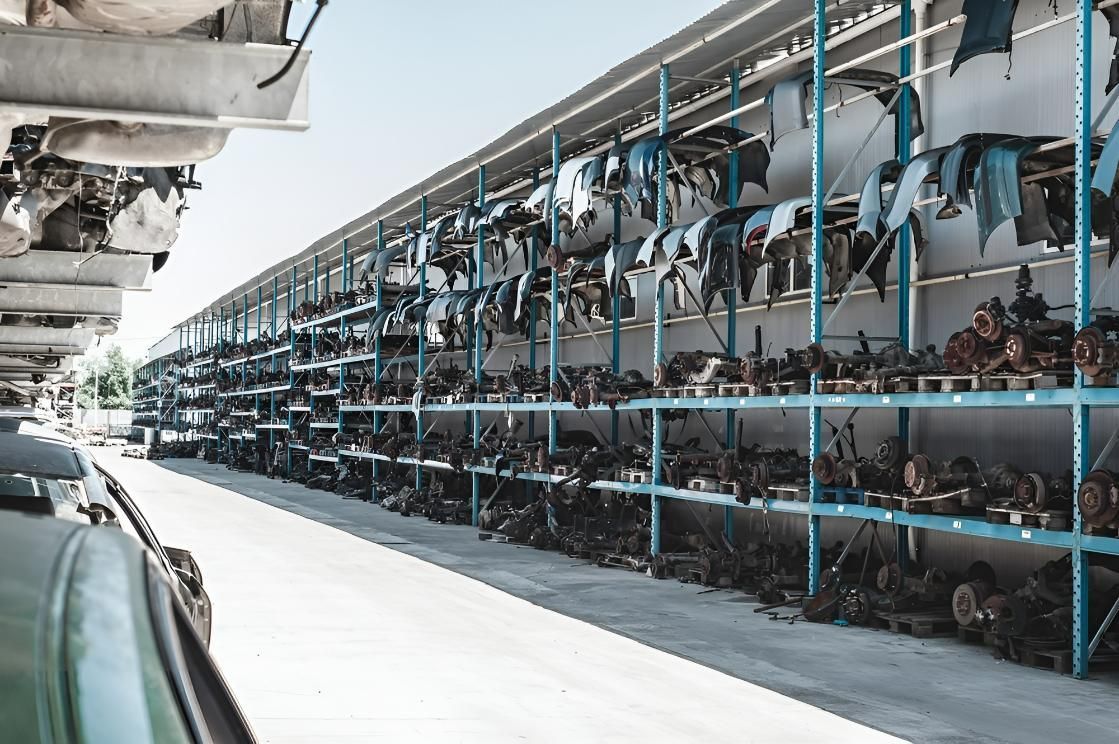 Metal Shelves Filled with Car Parts in A Warehouse — Jap Performance T/A All Tuggerah City Auto Dismantlers in Wyong, NSW