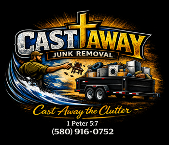 Cast Away Junk Removal logo with truck, debris, wave, and “Cast Away the Clutter” text, 1 Peter 5:7, phone number