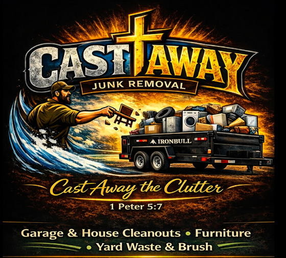 Castaway Junk Removal logo with truck, captain, and clutter under “Cast Away the Clutter” slogan