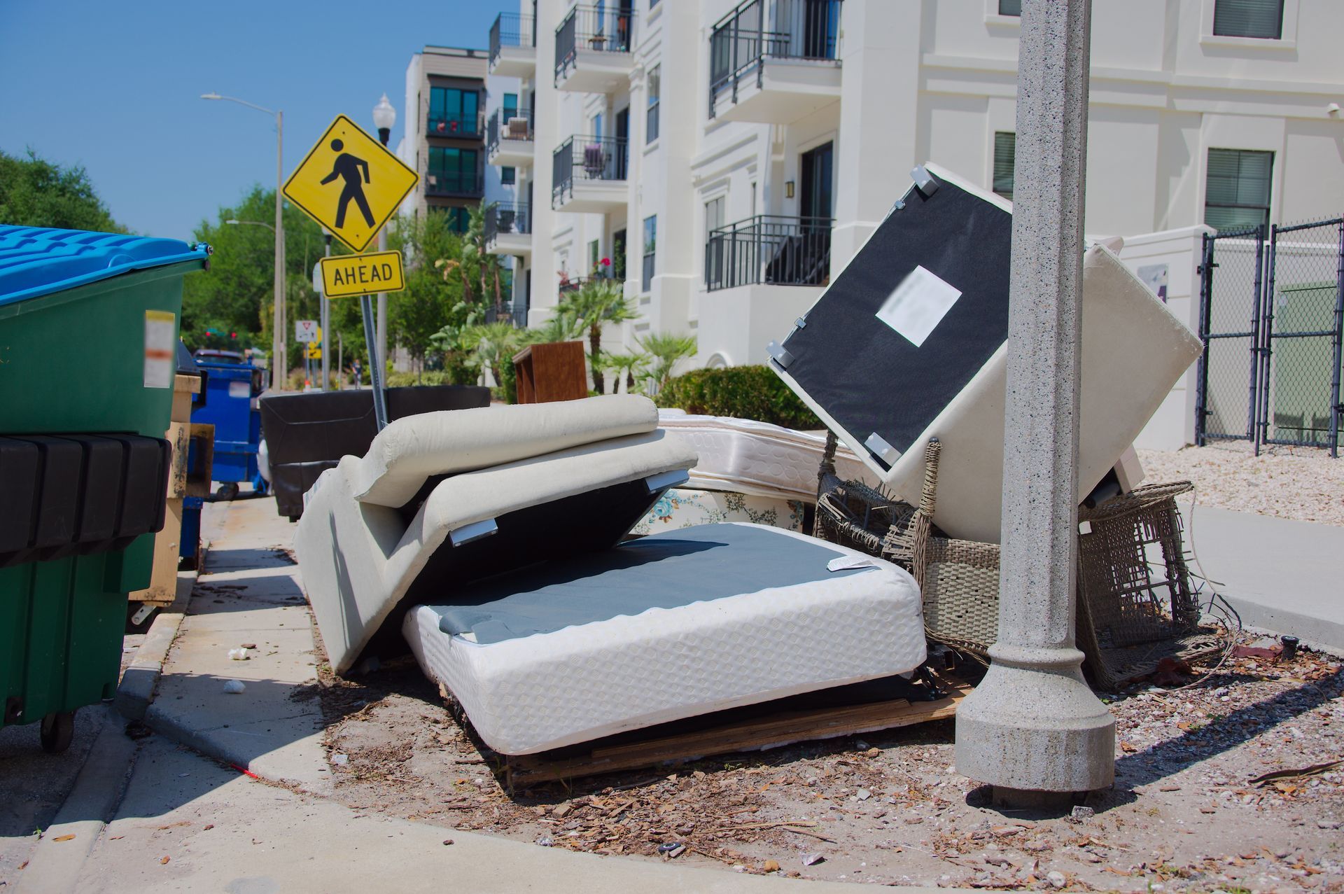 Discarded mattresses and debris piled on a sidewalk beside apartments after a storm.