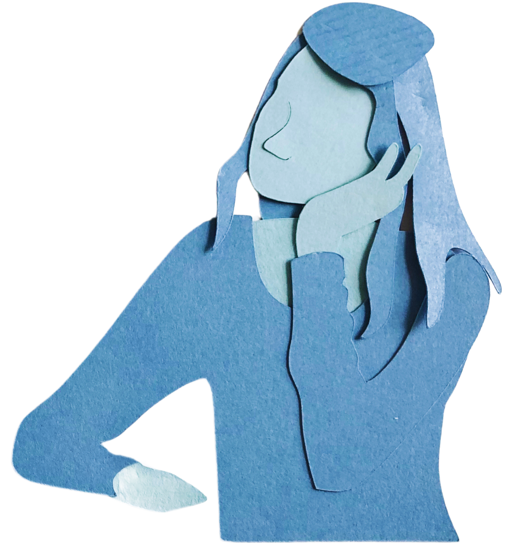 Een gelaagde, blauwe papieren illustratie van een figuur met een hand tegen het wang, die naar boven kijkt.
