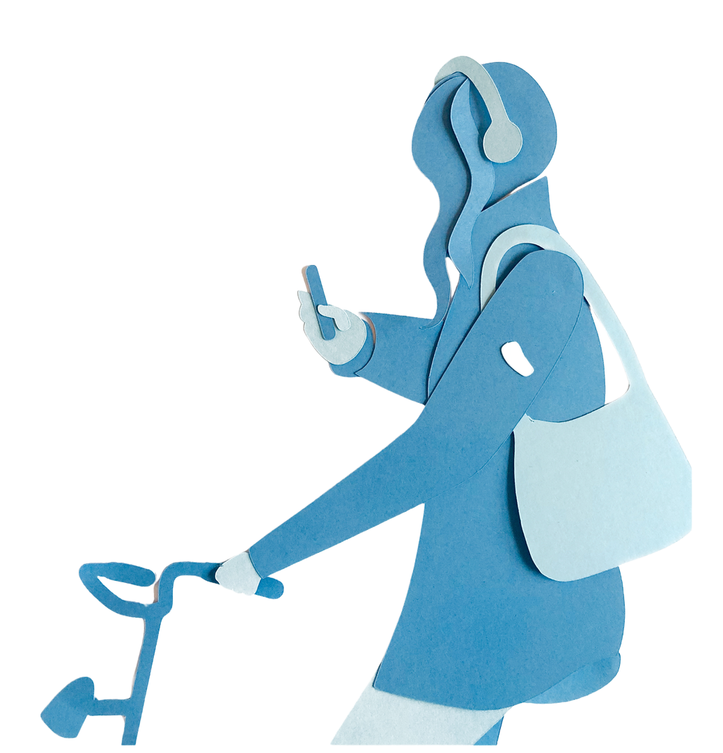 Een gestileerde papieren figuur in verschillende blauwtinten, met een koptelefoon op, een telefoon in de hand en een stuur vasthoudend.