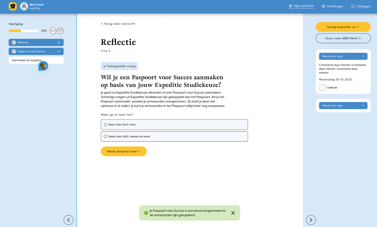 An online learning platform displaying a reflection quiz asking