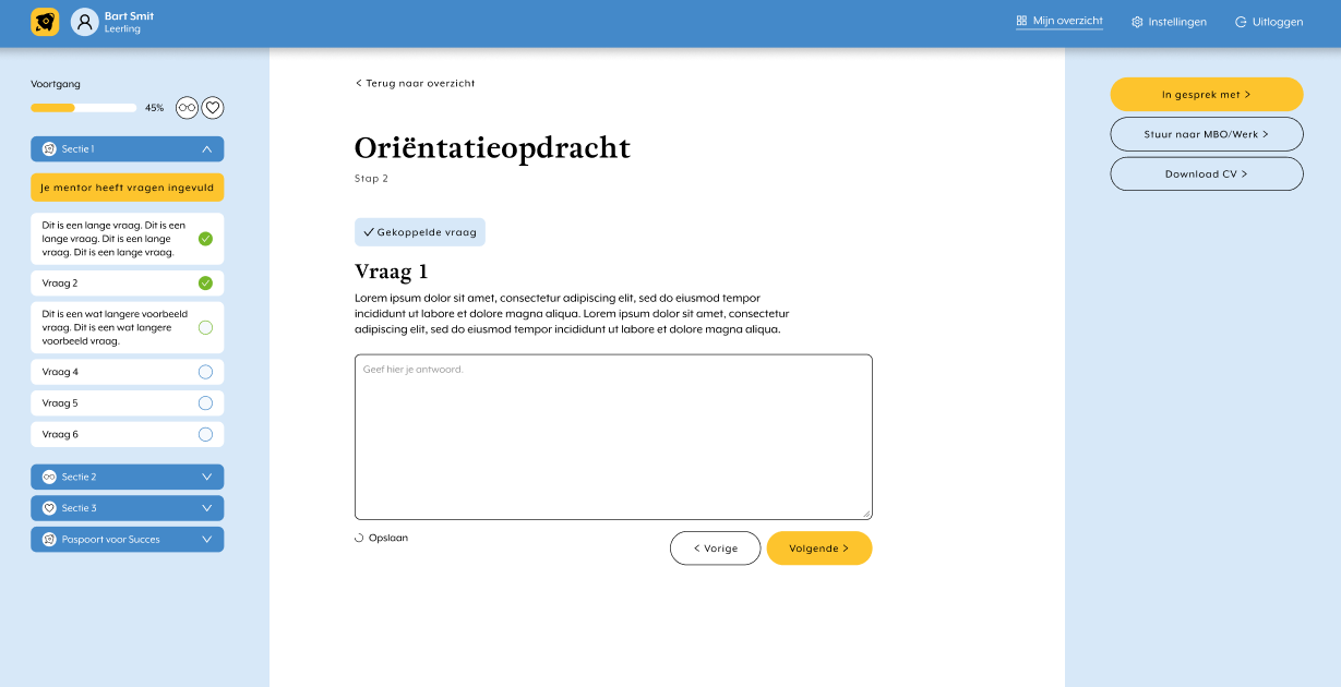 Een interface van een digitaal leerplatform met een oriëntatieopdracht en een tekstinvoerveld voor het antwoord.