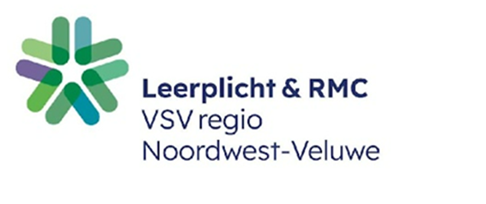 Logo for Leerplicht & RMC, VSV regio Noordwest-Veluwe, featuring a star-shaped icon of green and purple overlapping ovals.