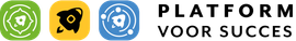Logo Platform voor succes: groen met kompas en wit raket, geel met zwart raket, blauw met baan rond wit raket. Boven zwarte letters met Platform voor Succes.
