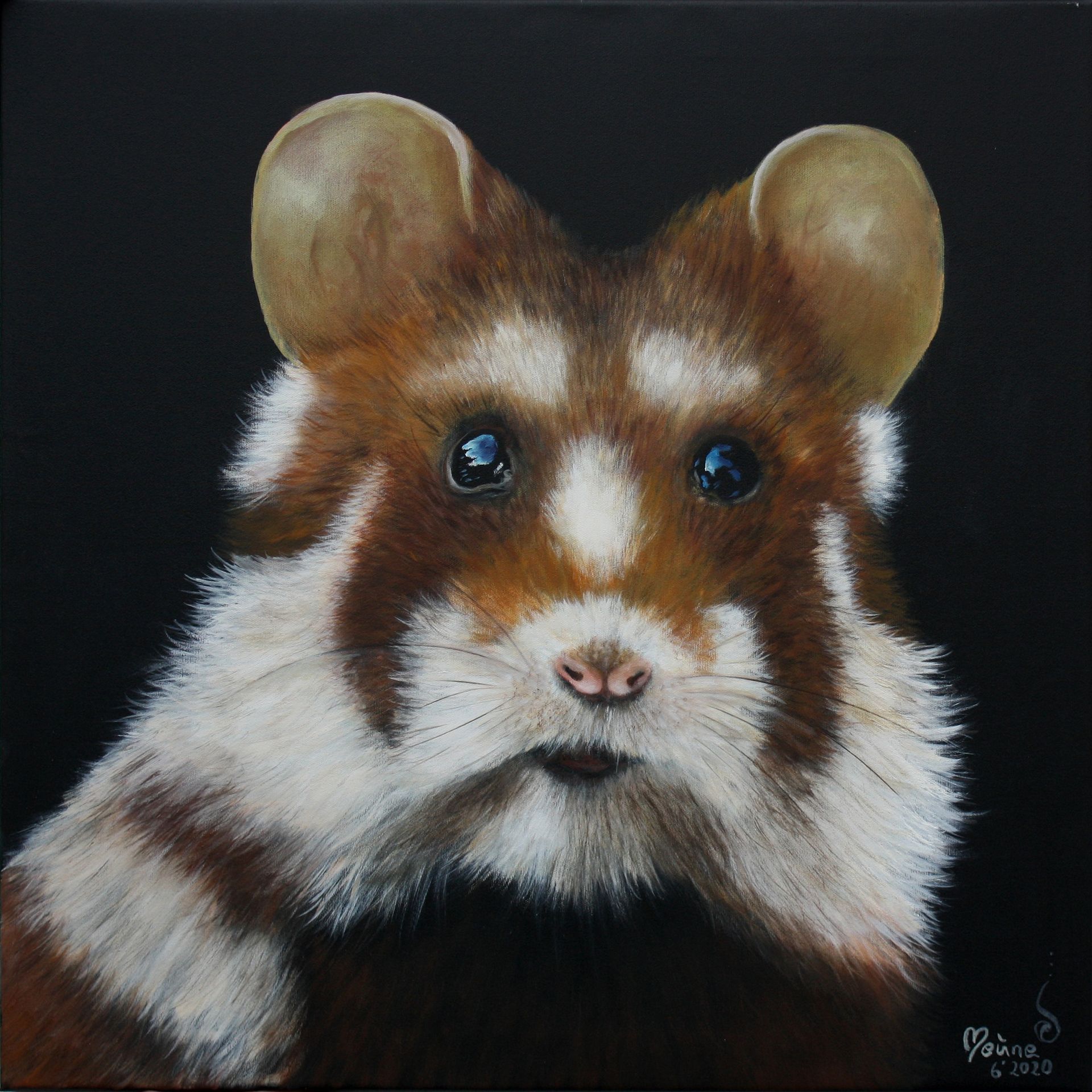 Gemälde eines Hamsters vor schwarzem Hintergrund.