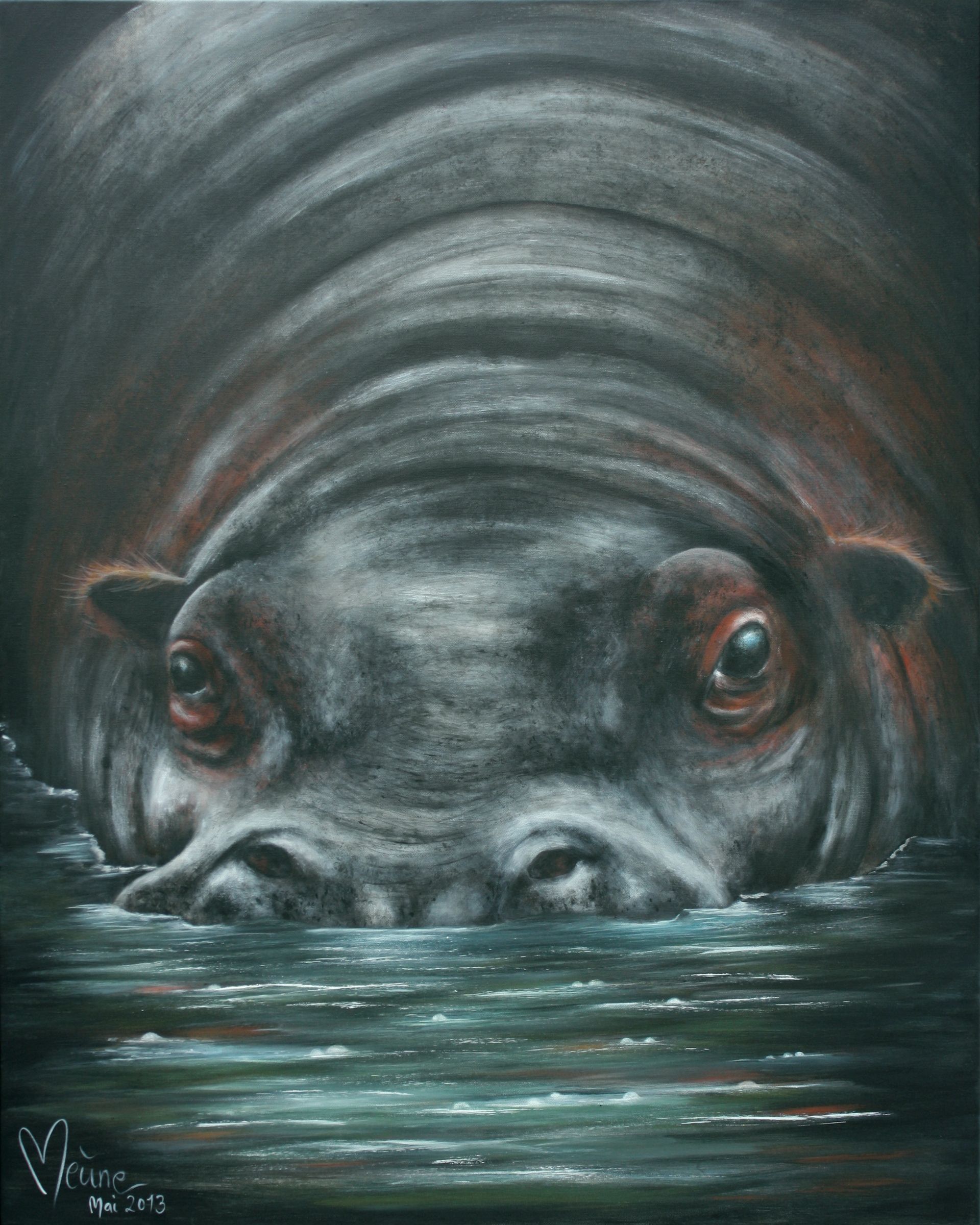 Gemälde eines Flusspferdes im Wasser.