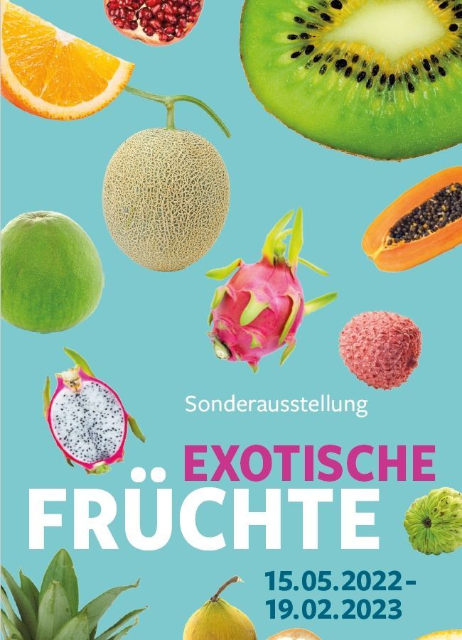 Ein Plakatzeigt verschiedene Früchte auf blauem Hintergrund