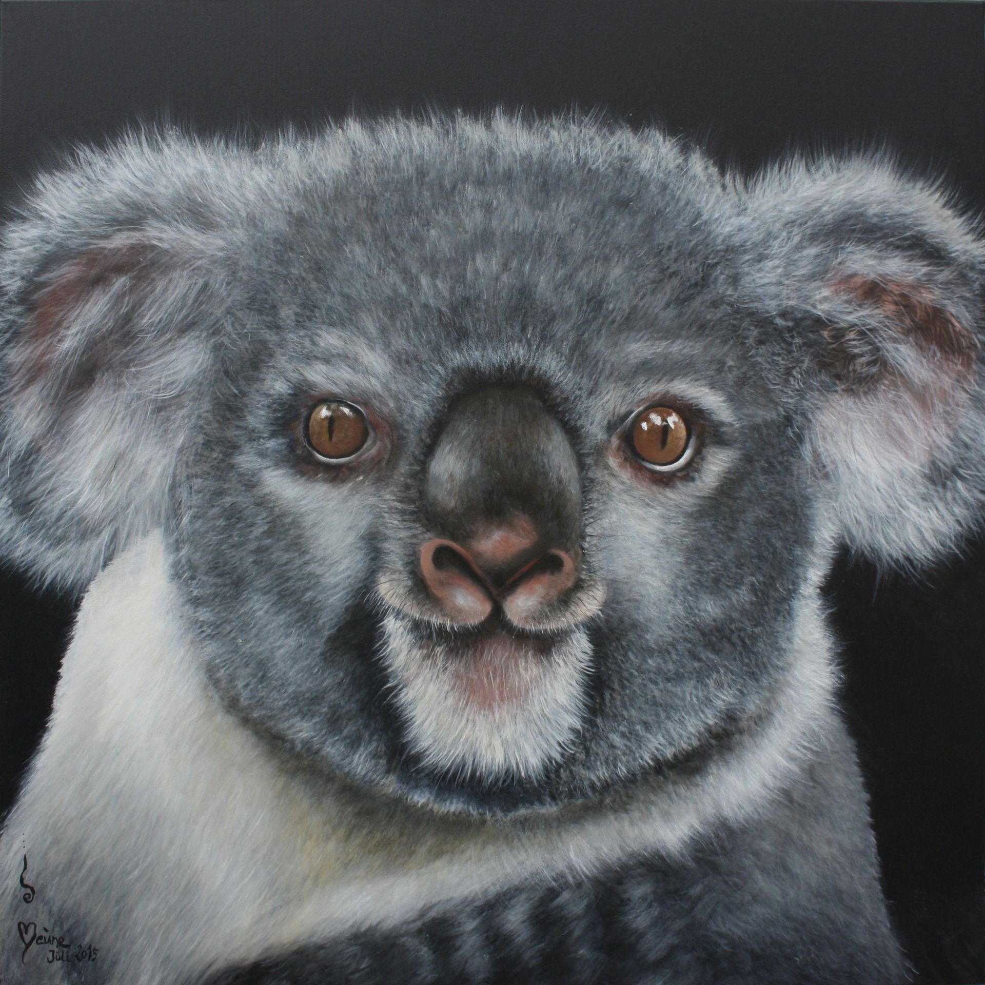 Ein Gemälde eines Koalas auf schwarzem Hintergrund.